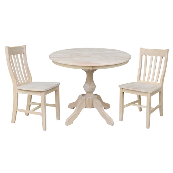 International Concepts Round 36 in Round Top Pedestal Table, with 2 Cafe Chairs, Unfinished, 36 in W, 36 in L, 29.9 in H K-36RT-11B-C61-2 - main